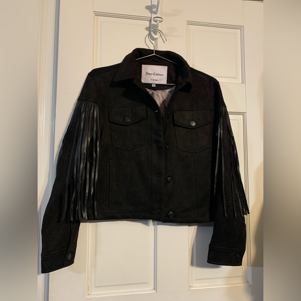 197 Juicy Couture Faux Black Suede Fringe Jacket **note on fringe - Picture 3 of 7